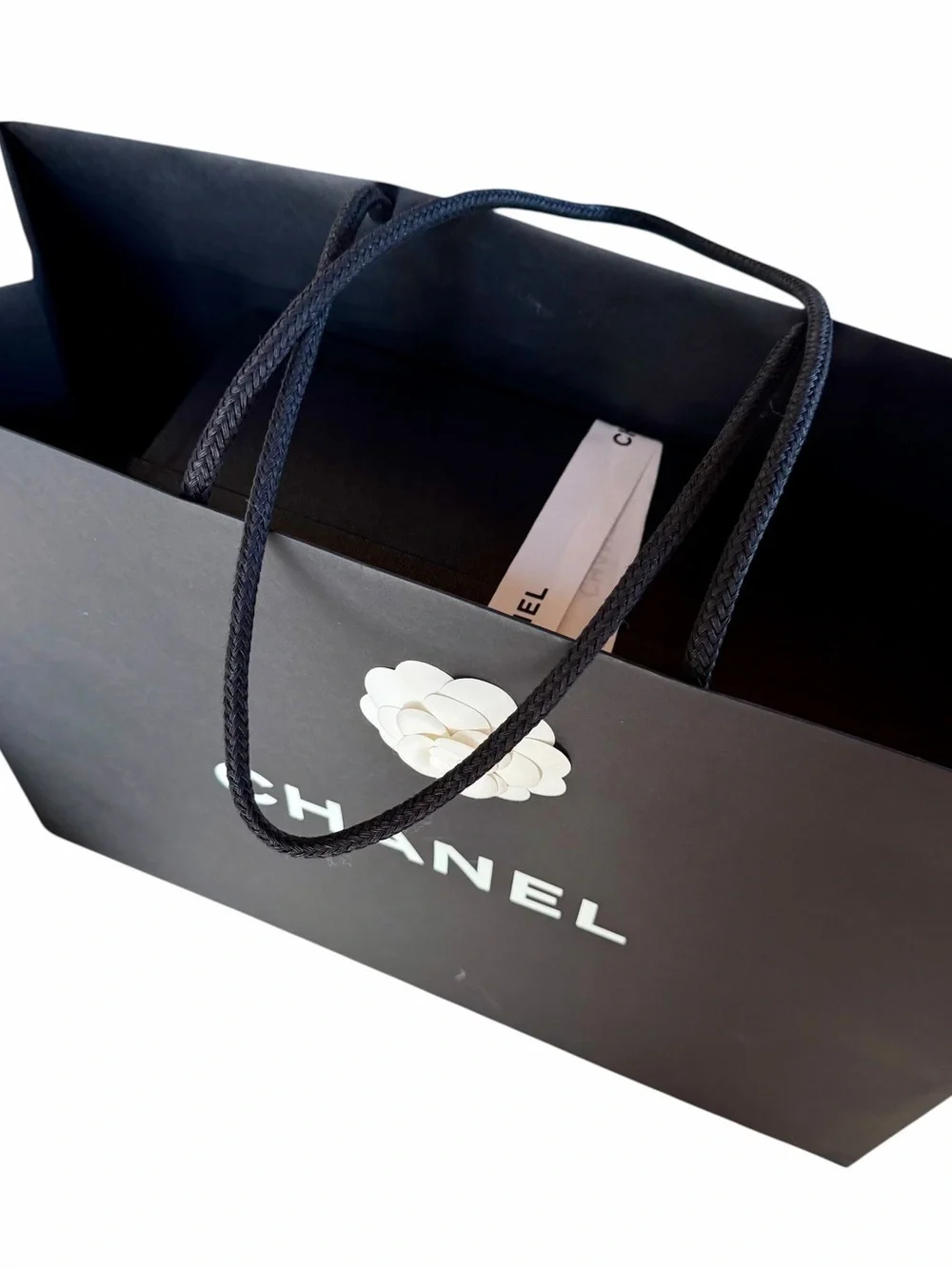 CHANEL Black and White Branded Box with Camellia Detail